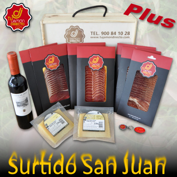 Surtido San Juan Jamón (3 sobres 100 g./ud), Lomo (2 sobres 100 g./ud), Queso puro de oveja, Vino D.O. Rioja.